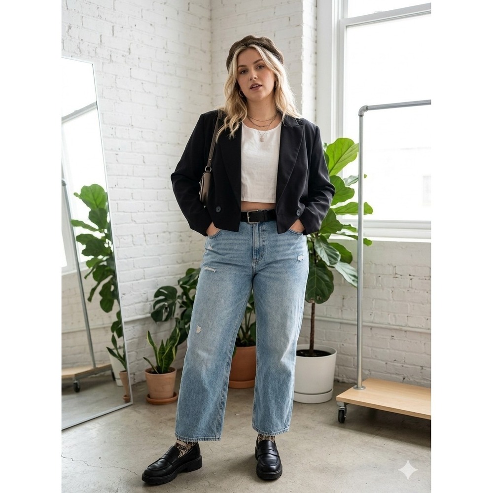 Intempo Crop Blazer Double Breasted Black Stretch Office Baddie Women Size XL